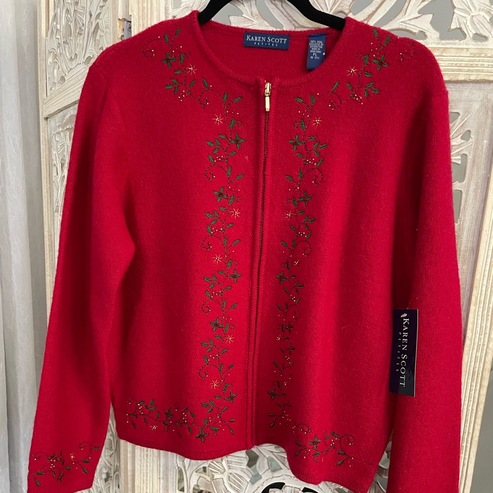 Karen Scott Red Embroidered  Cardigan with Gold Accents Size PL. Wool Blend. NWT